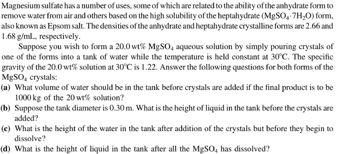 Magnesium Sulfate Has A Number Of Uses Some Of Which Chegg Com