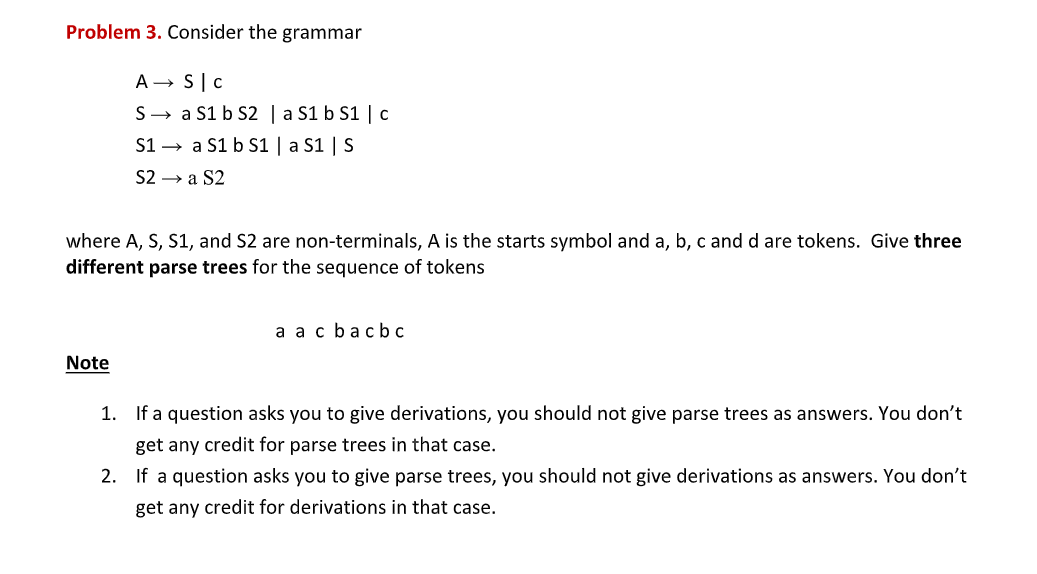 Solved Problem 3. Consider the grammar A→S∣cS→ a S1 b 2∣ a | Chegg.com