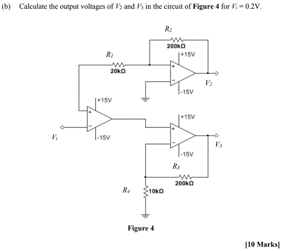 (b) Calculate the output voltages of V/2 and V3 in the circuit of Figure 4 for V? = 0.2V.
Vi
R?
www
20kQ
| +15V
|-15V
R4
>10k