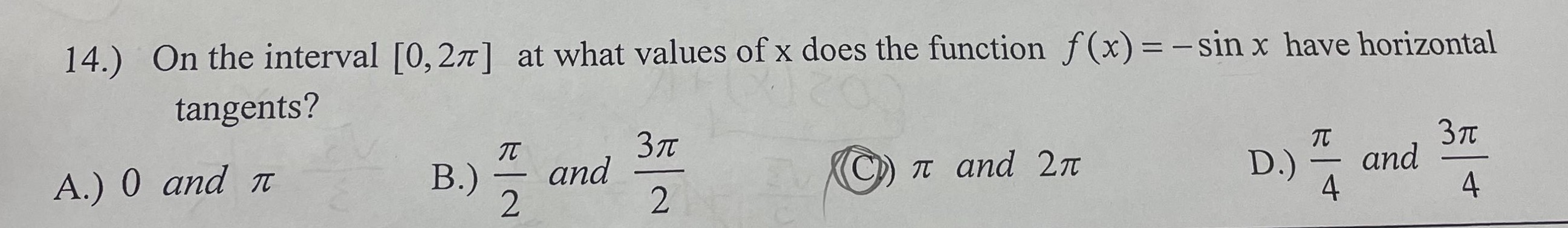 Solved 14.) On the interval [0,2π] at what values of x does | Chegg.com