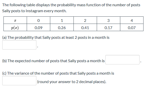 Solved The following table displays the probability mass | Chegg.com