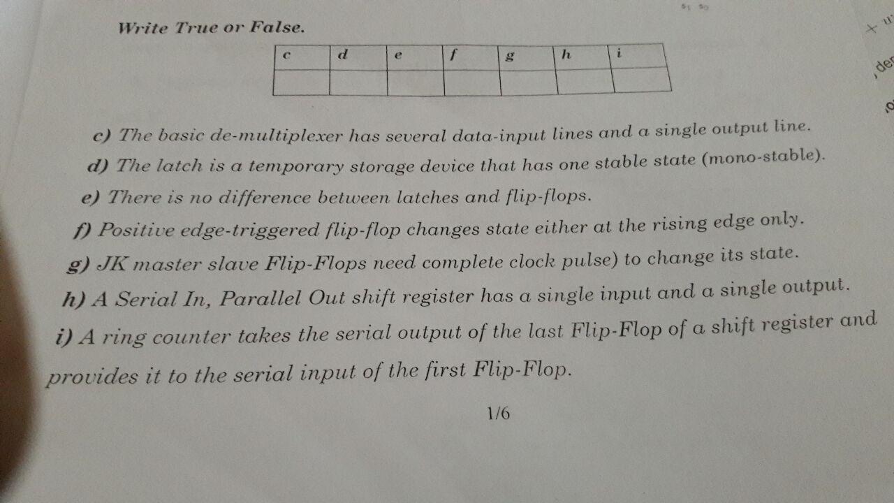 Write True or False.
C
d
e
f
g
h
i
c) The basic de-multiplexer has several data-input lines and a single output line.
d) The 