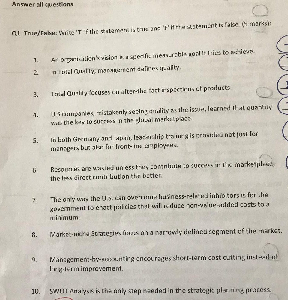 Solved Answer All Questions Q1. True/False: Write 'T' If The | Chegg.com