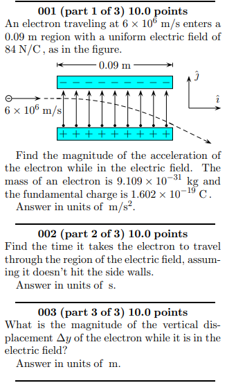 Solved 001 (part 1 of 3) 10.0 points An electron traveling | Chegg.com