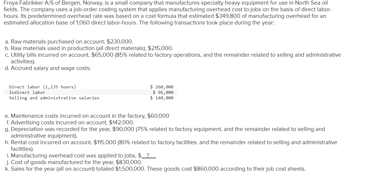 Solved Froya Fabrikker A/S of Bergen, Norway, is a small | Chegg.com
