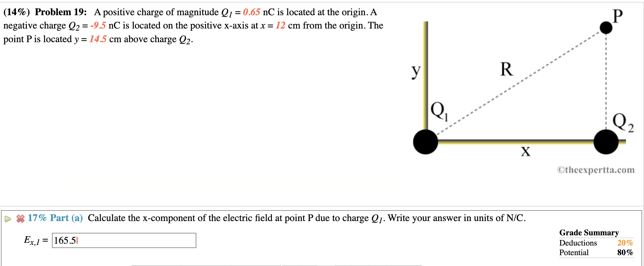 (14\%) Problem 19: A positive charge of magnitude \( Q_{1}=0.65 \mathrm{nC} \) is located at the origin. A negative charge \(