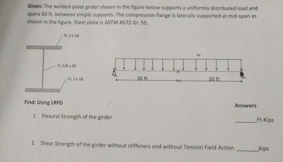 Given The weldedplate girder shown in the figure