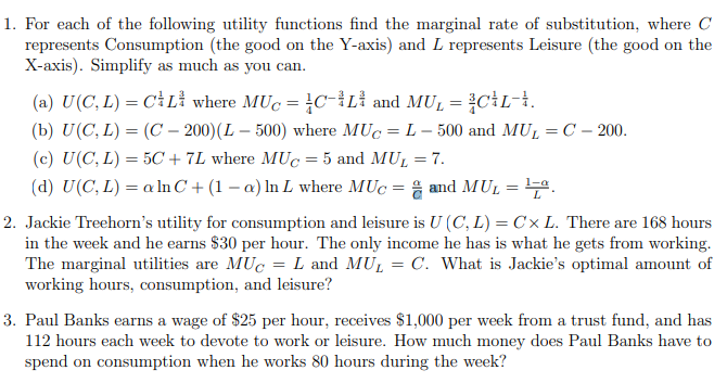 1 For Each Of The Following Utility Functions Find Chegg Com