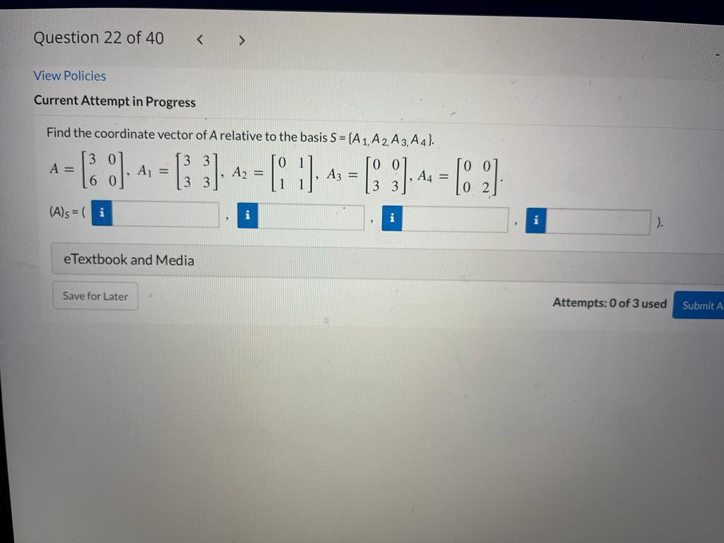 Solved Find the coordinate vector of A relative to the basis | Chegg.com