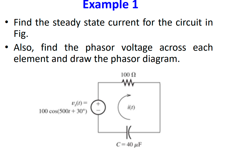 - Find the steady state current for the circuit in Fig.
- Also, find the phasor voltage across each element and draw the phas