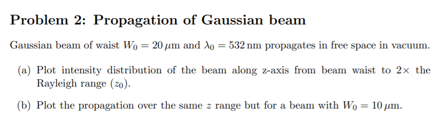 Solved Problem 2: Propagation Of Gaussian Beam Gaussian Beam | Chegg.com