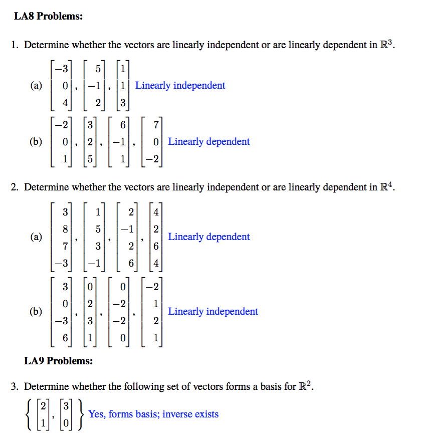 Solved la8 problems 1 determine whether the vectors are chegg