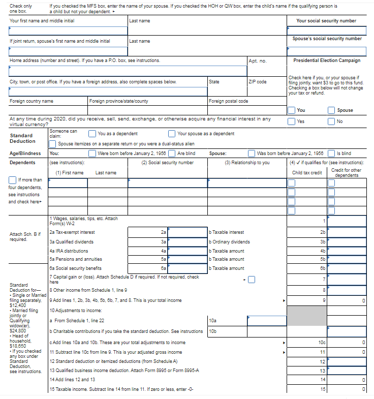 Complete page 1 of Form 1040 (through taxable income, | Chegg.com