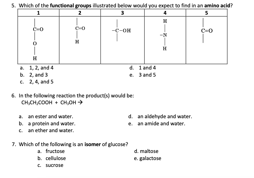 5. Which of the functional groups illustrated below would you expect to find in an amino acid? 1 2 3 4 5 H وا C=0 C=0 -C-OH C