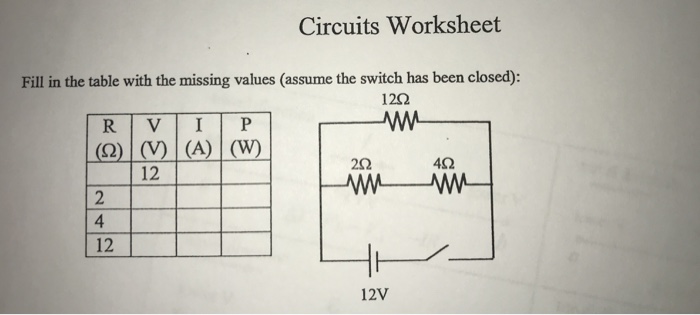 Solved Circuits Worksheet Fill in the table with the missing | Chegg.com