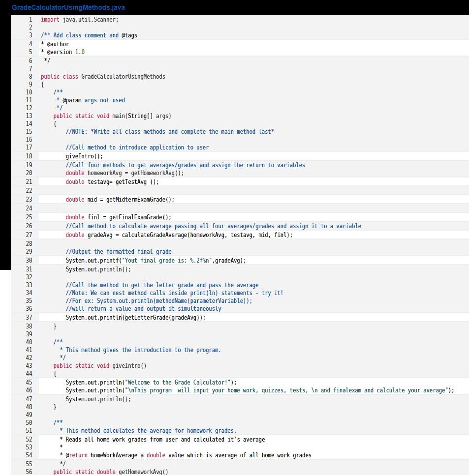 Solved 6 רן GradeCalculatorUsing Methods.java 1 import | Chegg.com