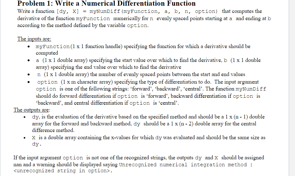 Solved Problem 1: Write a Numerical Differentiation Function | Chegg.com