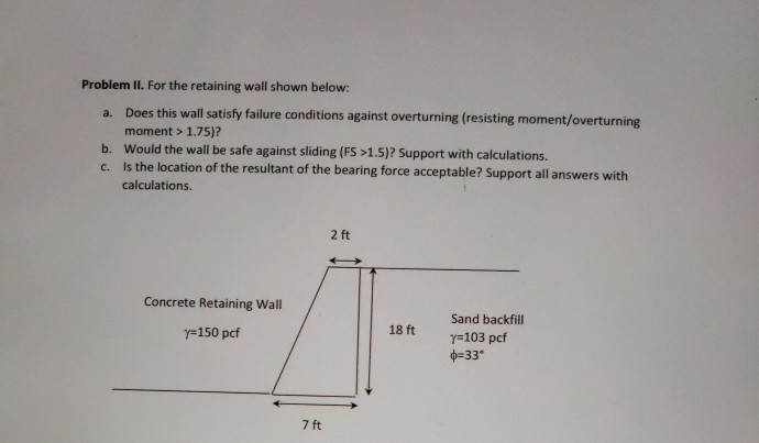 Solved Problem II. For the retaining wall shown below: a. | Chegg.com