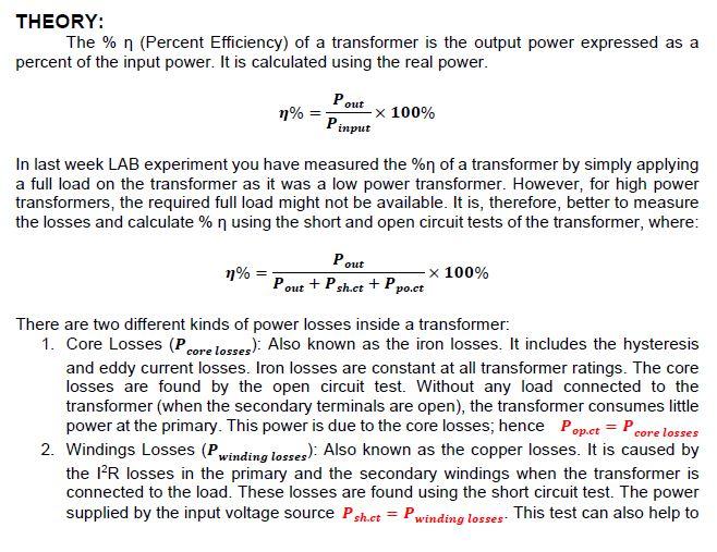Solved THEORY The n (Percent Efficiency) of a transformer
