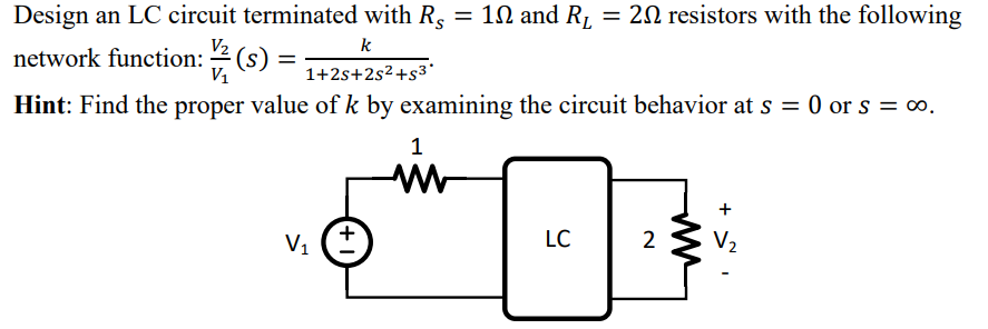Solved Design an LC circuit terminated with RS=1Ω and RL=2Ω | Chegg.com