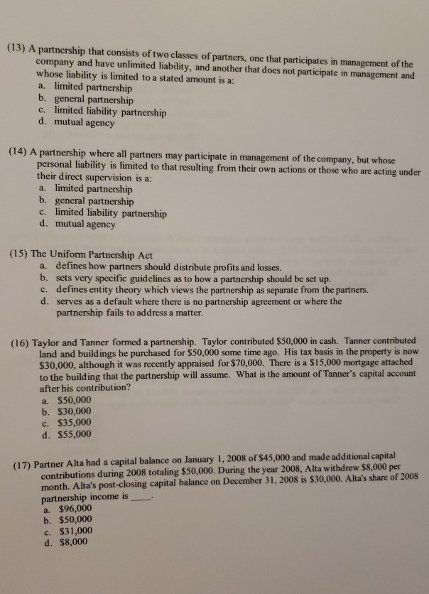 Solved 13 A Partnership That Consists Of Two Classes Of Chegg Com