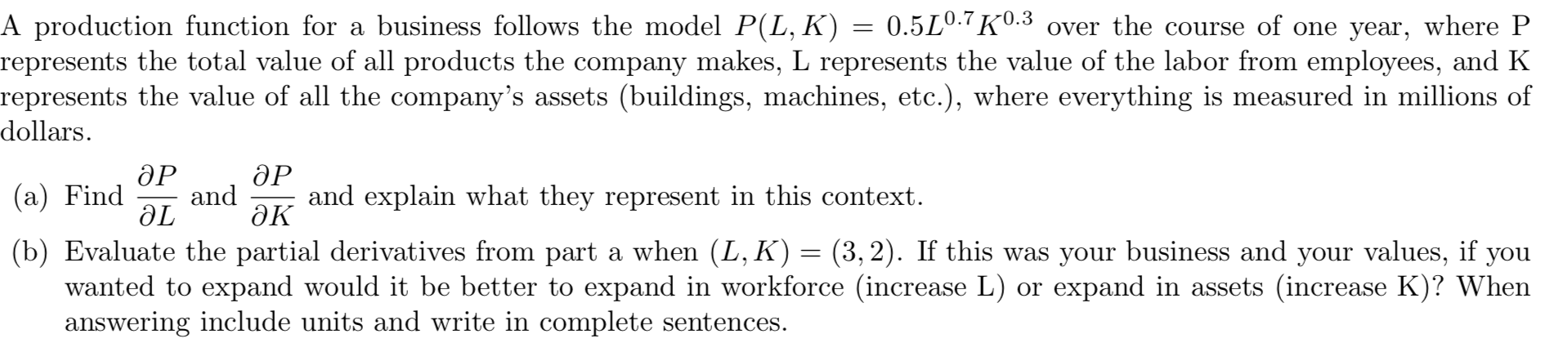 Solved A production function for a business follows the | Chegg.com