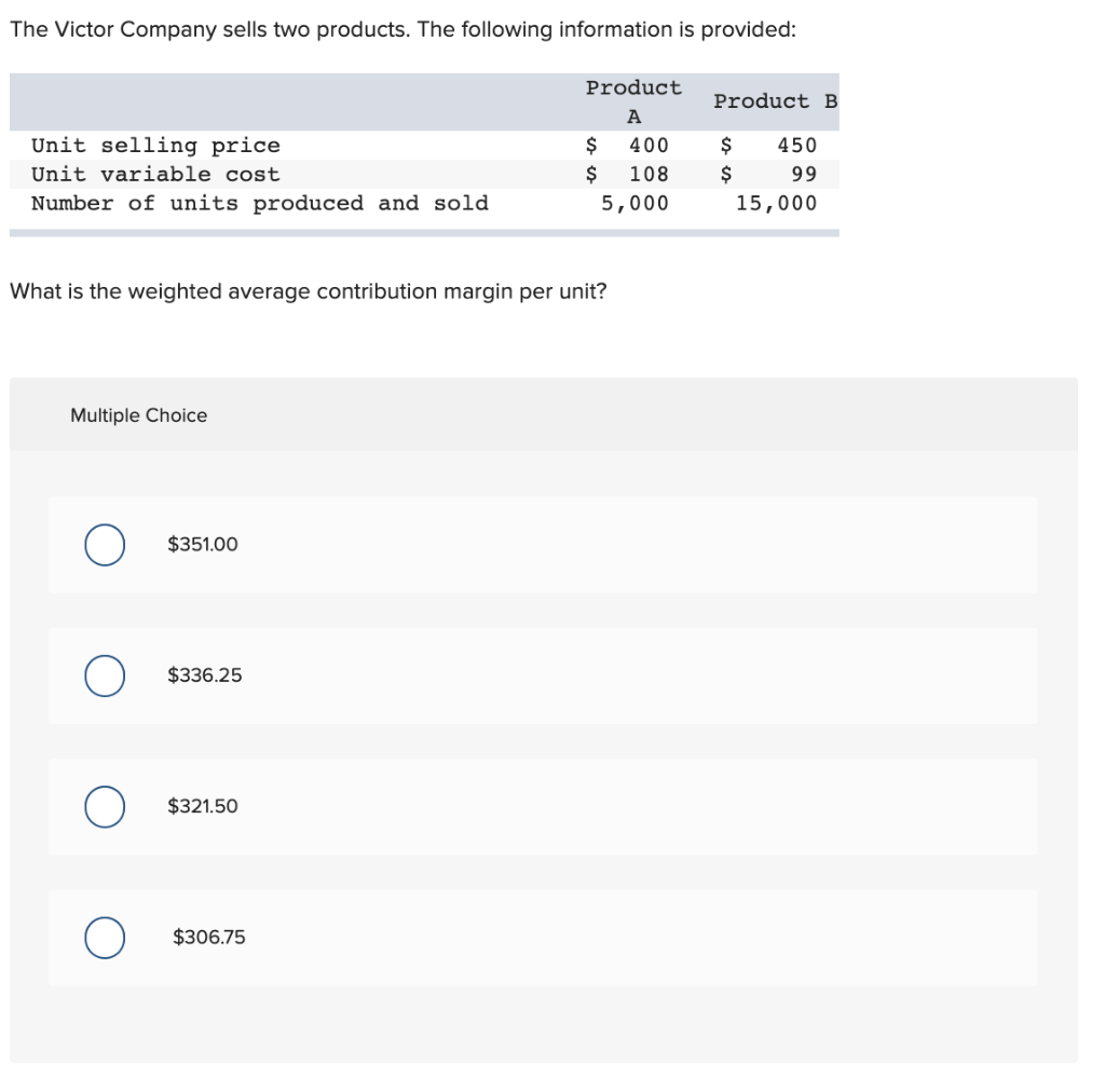 Solved The Victor Company sells two products. The following | Chegg.com
