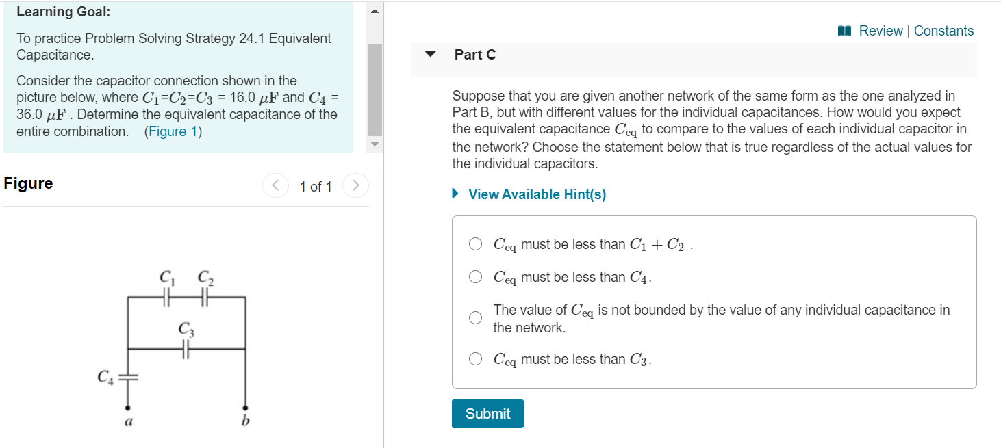 C1​,C2​&C3​ are connected as shown in figure: c1​=24 Fc2​=34 Fc3