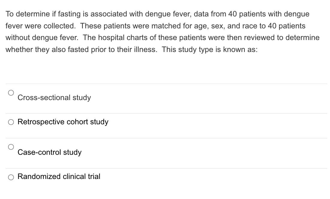 Solved To determine if fasting is associated with dengue | Chegg.com