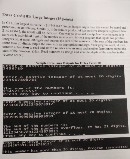 Solved Extra Credit 01: Large Integer (25 points) In C++, | Chegg.com