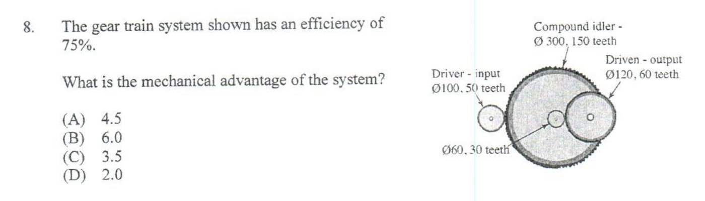 8. The gear train system shown has an efficiency of \( 75 \% \).

What is the mechanical advantage of the system?
(A) \( 4.5 