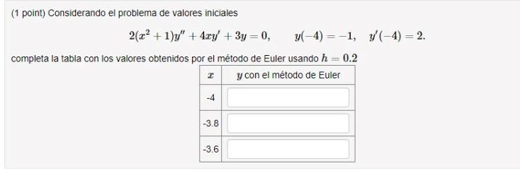 (1 point) Considerando el problema de valores iniciales 2(x²+1)y + 4xy + 3y = 0, completa la tabla con los valores obtenido