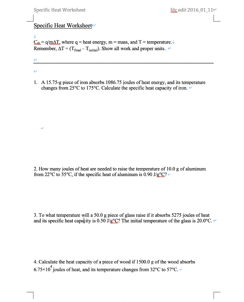 Solved Specific Heat Worksheet fdc edit 2016_01_114 Specific | Chegg.com