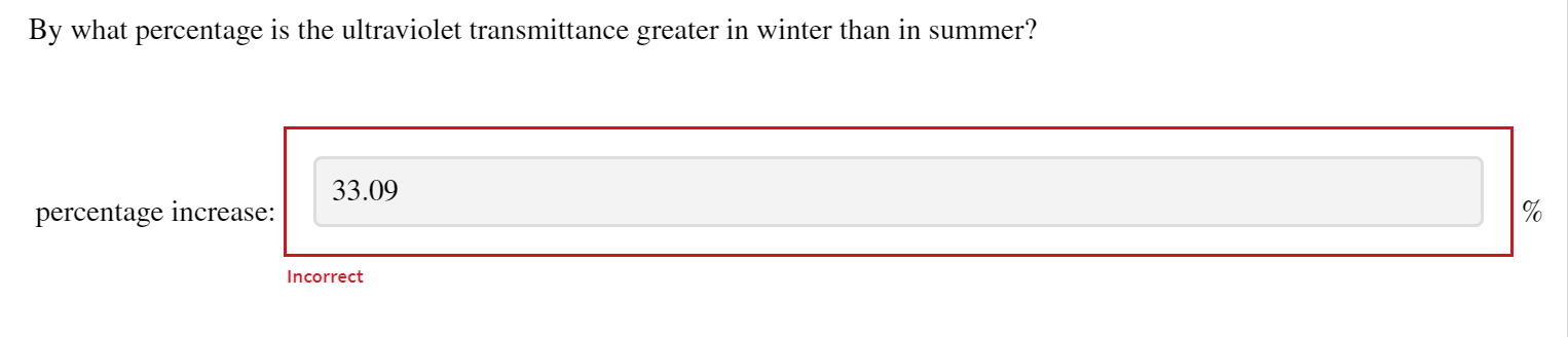 By what percentage is the ultraviolet transmittance greater in winter than in summer?