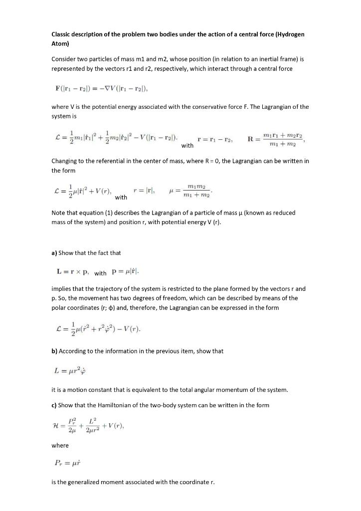 Solved Classic description of the problem two bodies under | Chegg.com