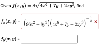 Given \( f(x, y)=8 \sqrt{4 x^{6}+7 y+2 x y^{3}} \), find \[ f_{x}(x, y)=\left(96 x^{2}+8 y^{3}\right)\left(4 x^{6}+7 y+2 x y^