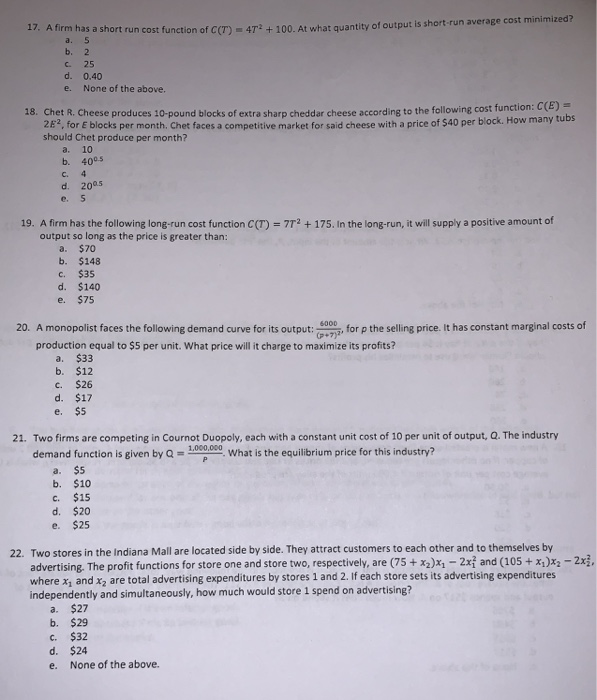 Solved 17. A firm has a short run cos st function of C(T) | Chegg.com