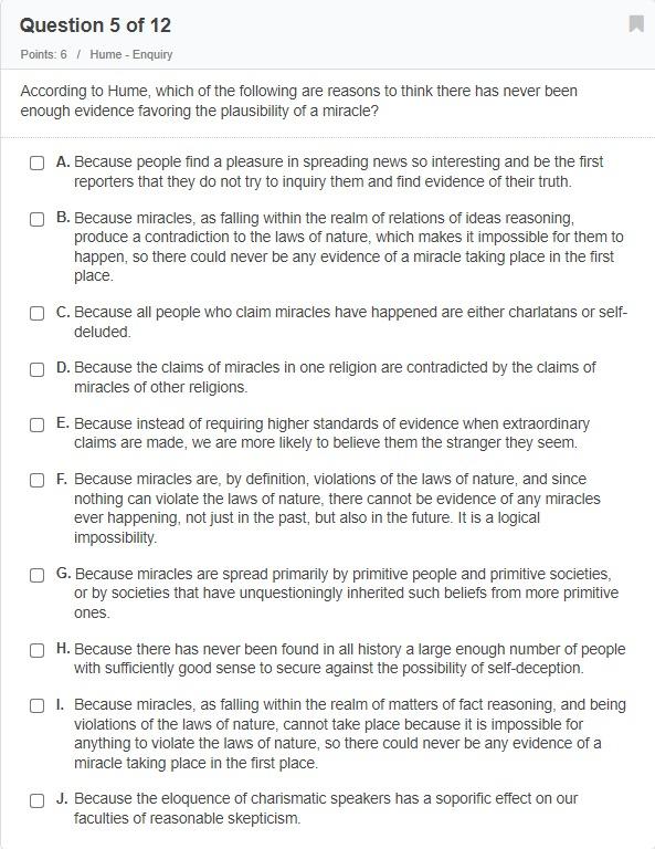 Solved Question 5 of 12 Points: 6 / Hume - Enquiry According | Chegg.com