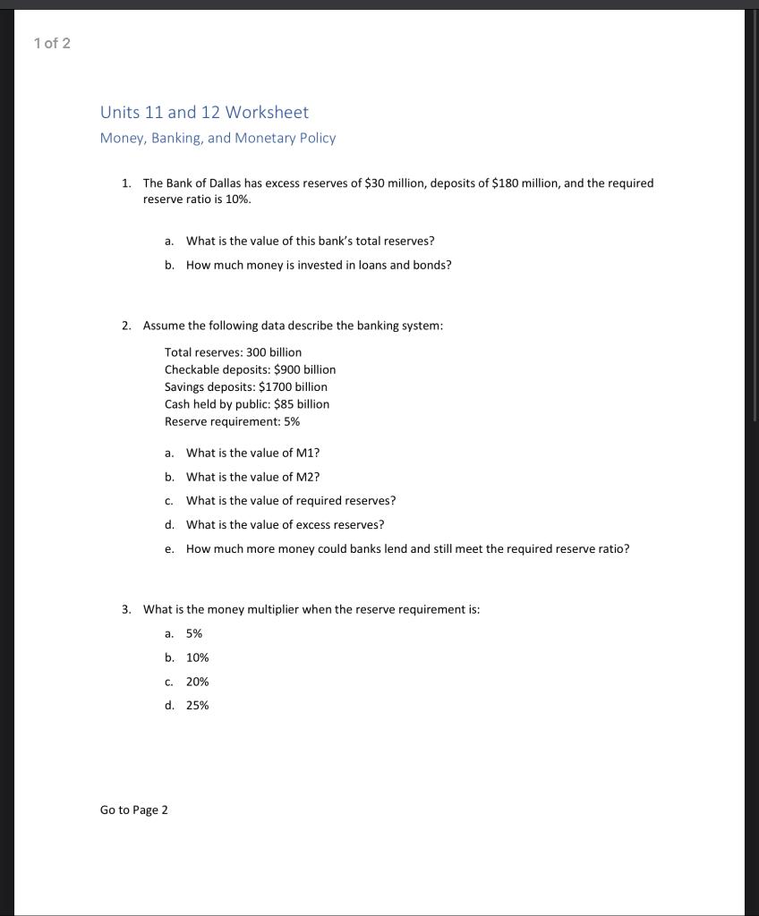 Solved 1 of 2 Units 11 and 12 Worksheet Money, Banking, and