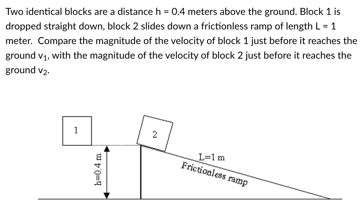 Two identical blocks are a distance \( \mathrm{h}=0.4 \) meters above the ground. Block 1 is dropped straight down, block 2 s