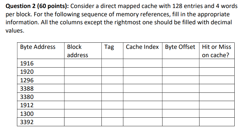 Solved Question 2 (60 points): Consider a direct mapped | Chegg.com