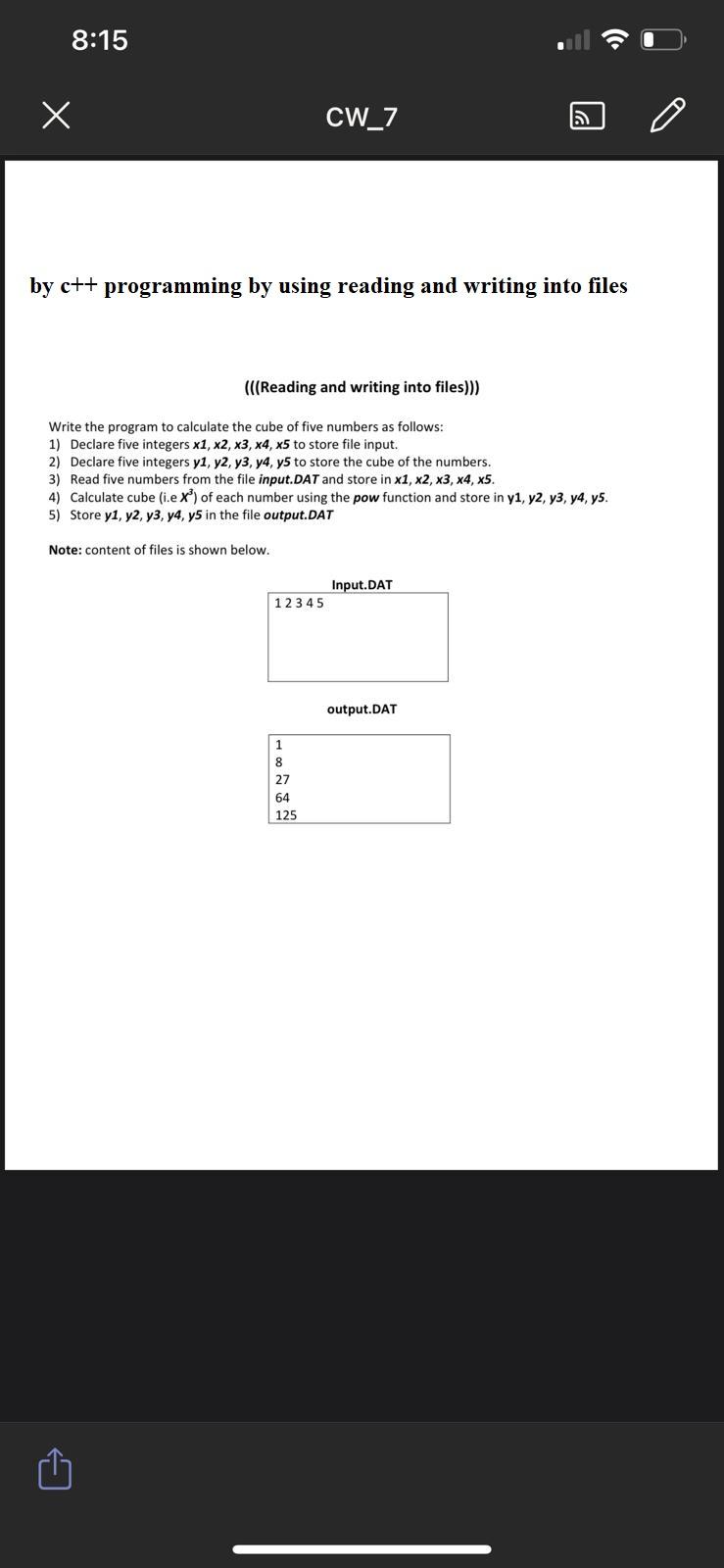 Solved 8:15 X Х CW_7 by c++ programming by using reading and | Chegg.com