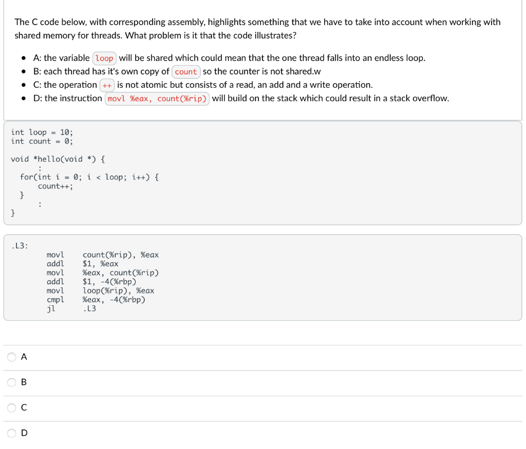 The C code below, with corresponding assembly, | Chegg.com
