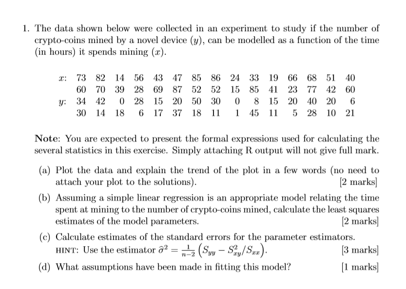 Solved 1. The data shown below were collected in an | Chegg.com