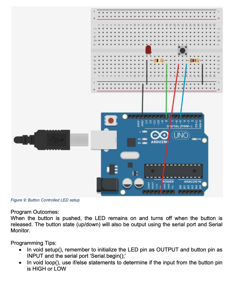 Program Outcomes:
When the button is pushed, the LED remains on and turns off when the button is released. The button state (