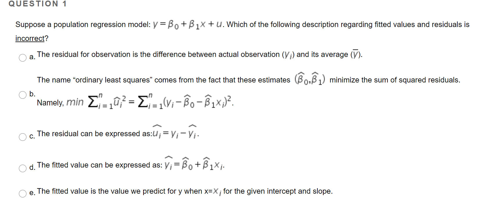 Solved QUESTION 1 Suppose A Population Regression Model: Y = | Chegg.com