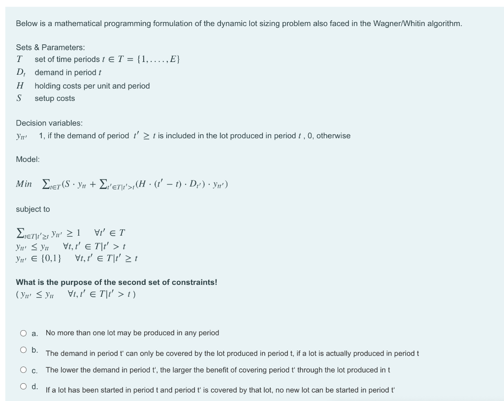 Solved Below is a mathematical programming formulation of | Chegg.com