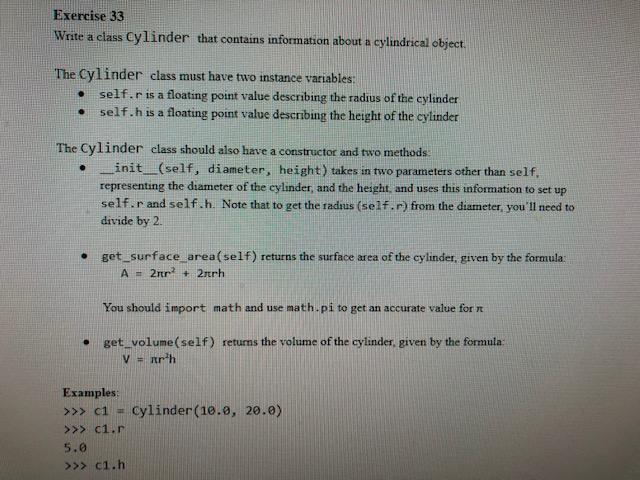 Exercise 33 Write a class Cylinder that contains | Chegg.com