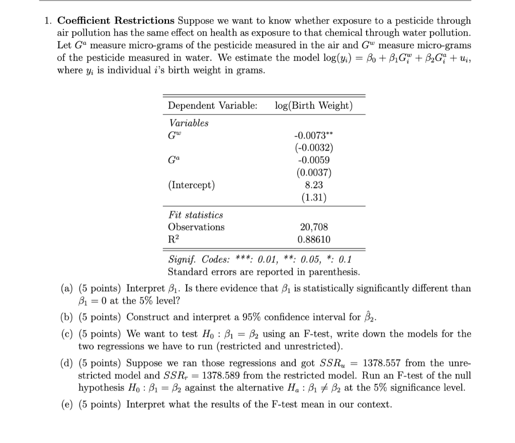 Solved 1. Coefficient Restrictions Suppose we want to know | Chegg.com