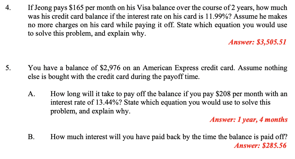 Solved If Jeong pays $165 per month on his Visa balance over | Chegg.com